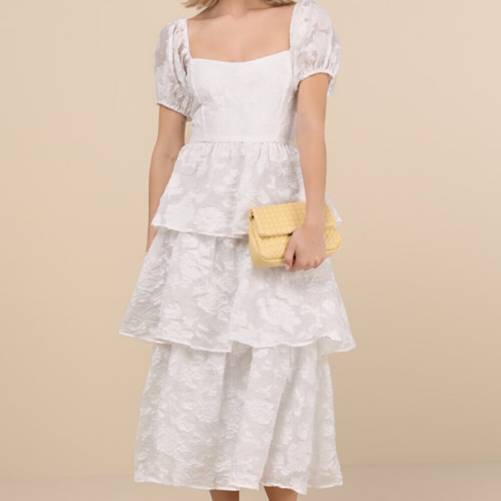 Lulus Mesmerizing Sweetheart Ivory Jacquard Puff Sleeve Midi Dress White